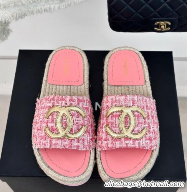 Top Design Chanel Tweed Espadrilles Flat Slide Sandals with Gold-Tone CC Pink 424045