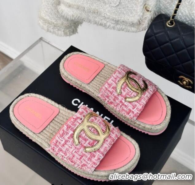 Top Design Chanel Tweed Espadrilles Flat Slide Sandals with Gold-Tone CC Pink 424045