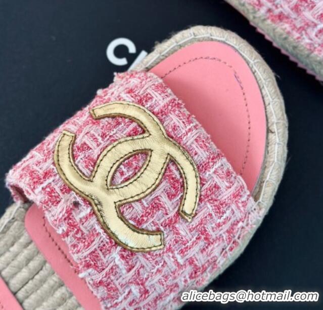 Top Design Chanel Tweed Espadrilles Flat Slide Sandals with Gold-Tone CC Pink 424045