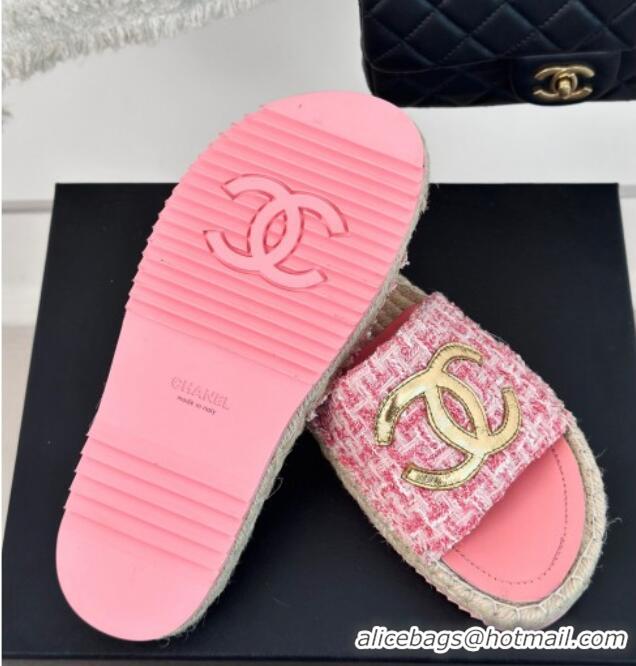 Top Design Chanel Tweed Espadrilles Flat Slide Sandals with Gold-Tone CC Pink 424045