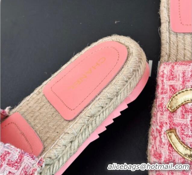 Top Design Chanel Tweed Espadrilles Flat Slide Sandals with Gold-Tone CC Pink 424045