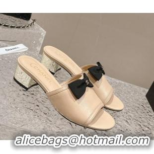 Unique Style Chanel Lambskin Heel Slide Sandals with Bow 4cm G45691 Beige 424049