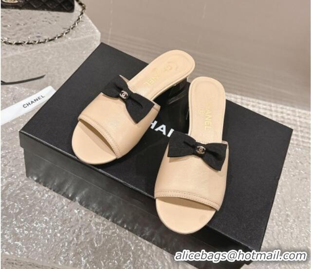 Unique Style Chanel Lambskin Heel Slide Sandals with Bow 4cm G45691 Beige 424049