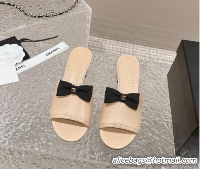 Unique Style Chanel Lambskin Heel Slide Sandals with Bow 4cm G45691 Beige 424049