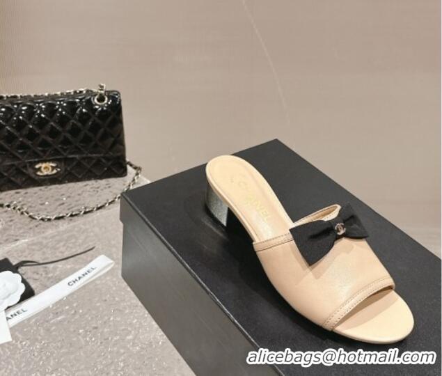 Unique Style Chanel Lambskin Heel Slide Sandals with Bow 4cm G45691 Beige 424049