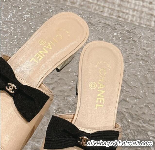 Unique Style Chanel Lambskin Heel Slide Sandals with Bow 4cm G45691 Beige 424049