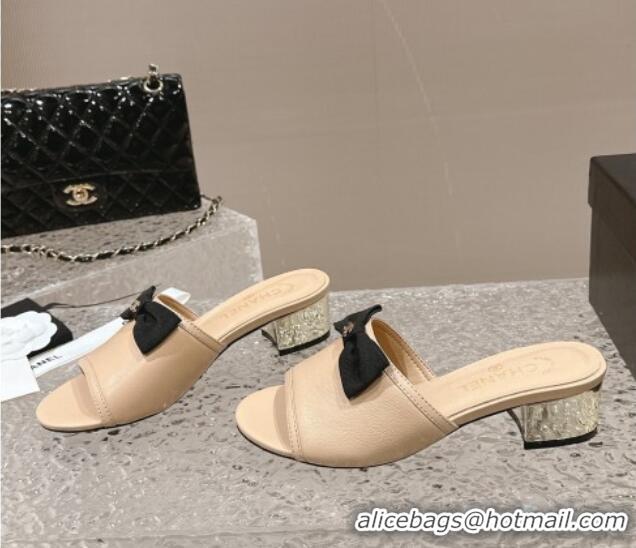 Unique Style Chanel Lambskin Heel Slide Sandals with Bow 4cm G45691 Beige 424049