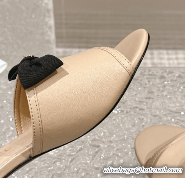 Unique Style Chanel Lambskin Heel Slide Sandals with Bow 4cm G45691 Beige 424049