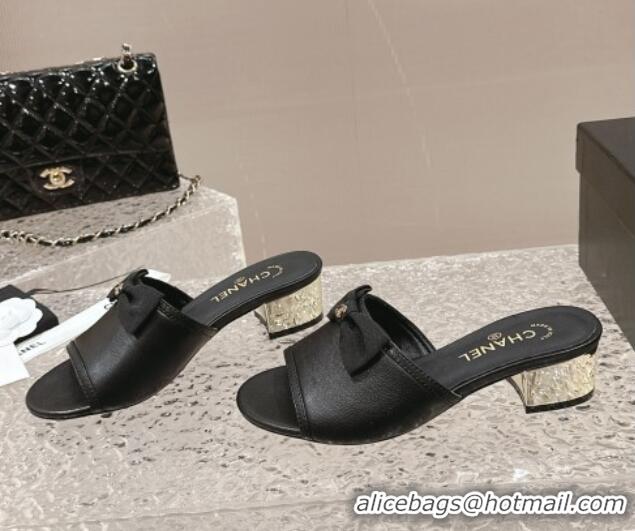 Durable Chanel Lambskin Heel Slide Sandals with Bow 4cm G45691 Black 424050