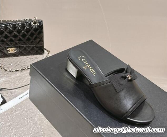 Durable Chanel Lambskin Heel Slide Sandals with Bow 4cm G45691 Black 424050