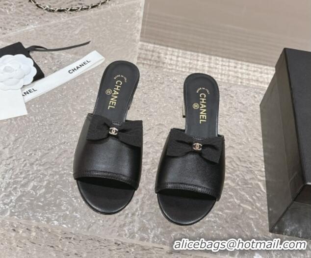 Durable Chanel Lambskin Heel Slide Sandals with Bow 4cm G45691 Black 424050