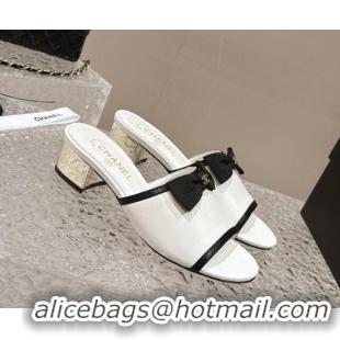 Classic Hot Chanel Lambskin Heel Slide Sandals with Bow 4cm G45691 White 424051