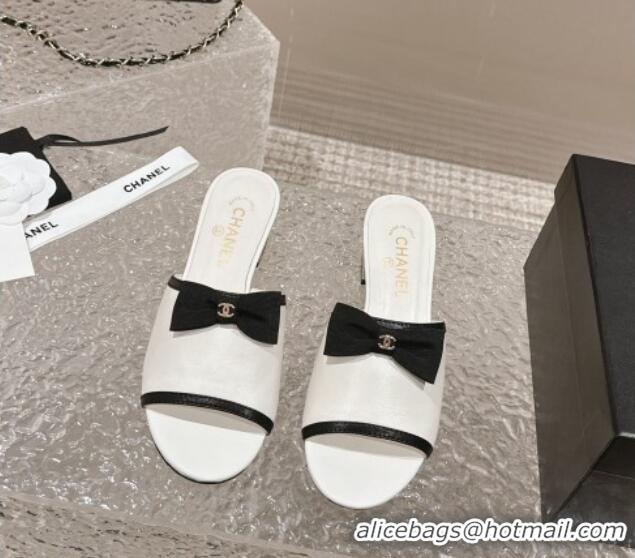 Classic Hot Chanel Lambskin Heel Slide Sandals with Bow 4cm G45691 White 424051