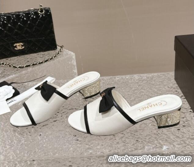 Classic Hot Chanel Lambskin Heel Slide Sandals with Bow 4cm G45691 White 424051