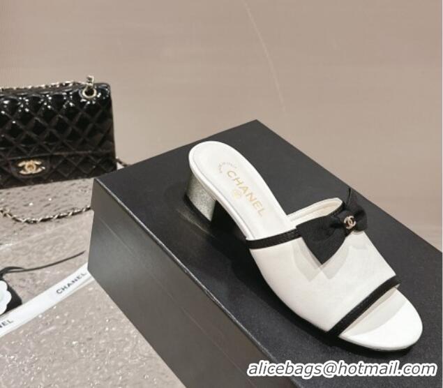 Classic Hot Chanel Lambskin Heel Slide Sandals with Bow 4cm G45691 White 424051