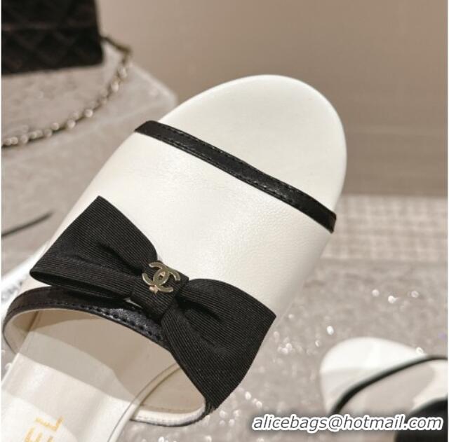 Classic Hot Chanel Lambskin Heel Slide Sandals with Bow 4cm G45691 White 424051