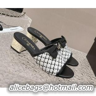 Trendy Design Chanel Tweed Heel Slide Sandals with Bow 4cm G45691 White/Black 424053