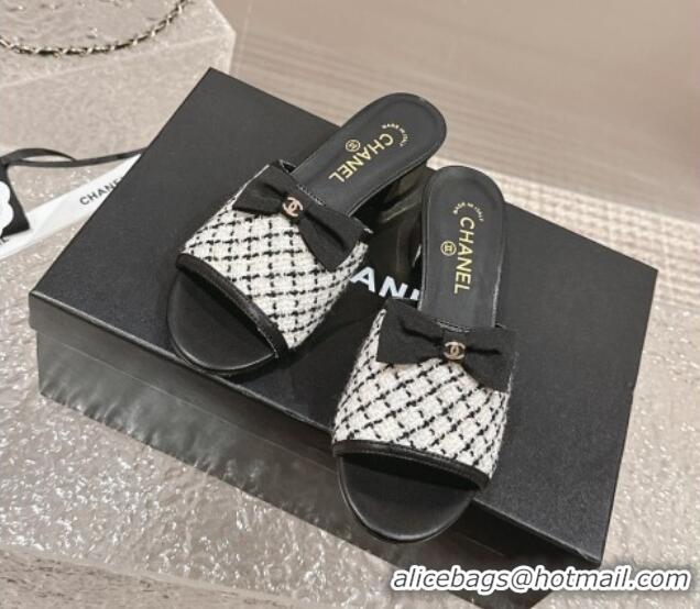 Trendy Design Chanel Tweed Heel Slide Sandals with Bow 4cm G45691 White/Black 424053