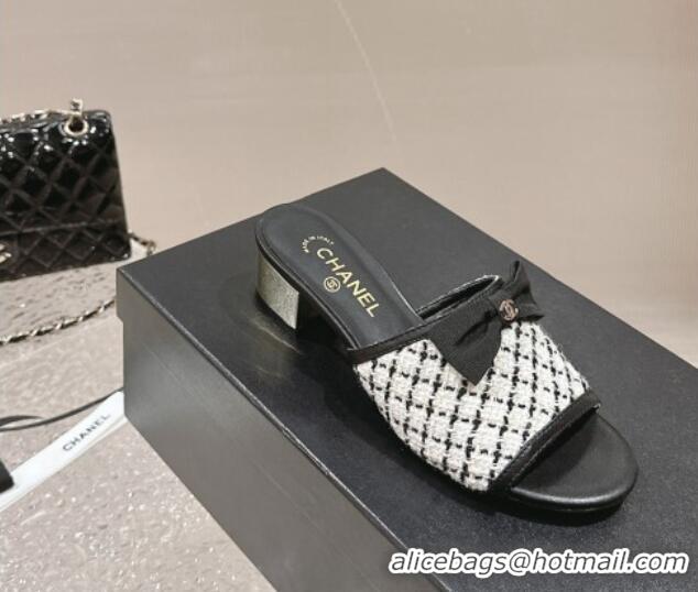 Trendy Design Chanel Tweed Heel Slide Sandals with Bow 4cm G45691 White/Black 424053