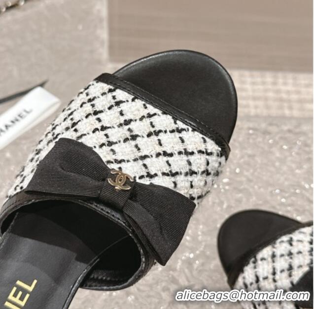 Trendy Design Chanel Tweed Heel Slide Sandals with Bow 4cm G45691 White/Black 424053