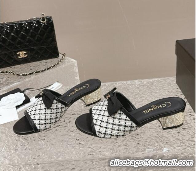 Trendy Design Chanel Tweed Heel Slide Sandals with Bow 4cm G45691 White/Black 424053