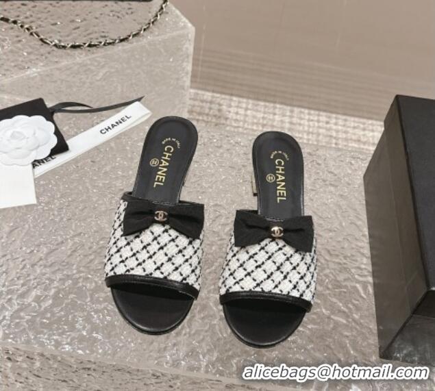 Trendy Design Chanel Tweed Heel Slide Sandals with Bow 4cm G45691 White/Black 424053