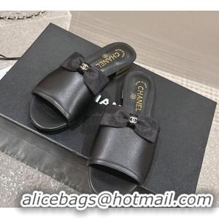 Purchase Chanel Lambskin Flat Slide Sandals with Bow G45691 Black 424055