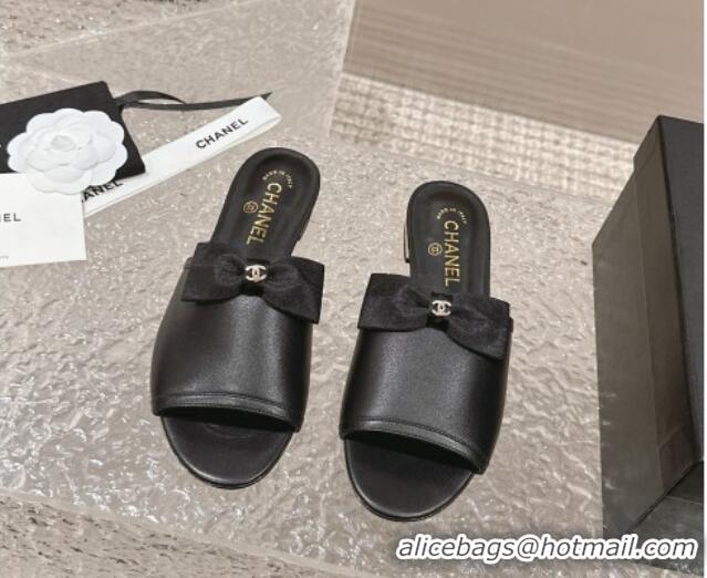 Purchase Chanel Lambskin Flat Slide Sandals with Bow G45691 Black 424055