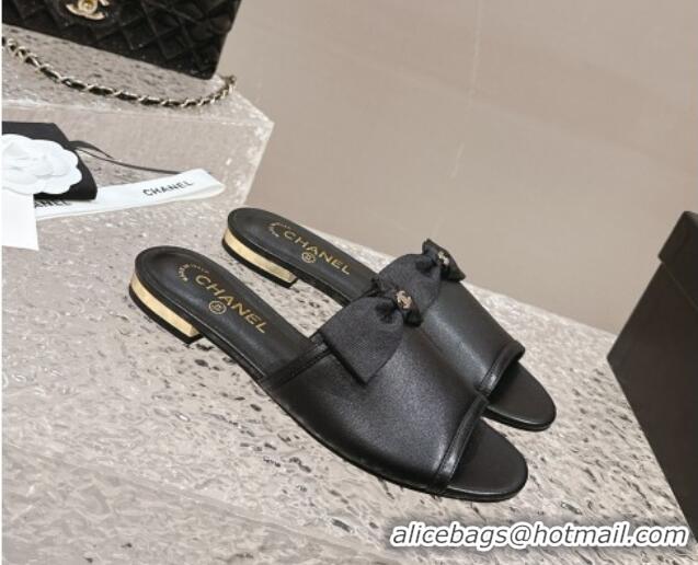 Purchase Chanel Lambskin Flat Slide Sandals with Bow G45691 Black 424055