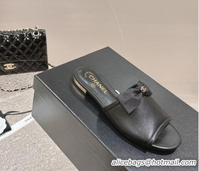 Purchase Chanel Lambskin Flat Slide Sandals with Bow G45691 Black 424055