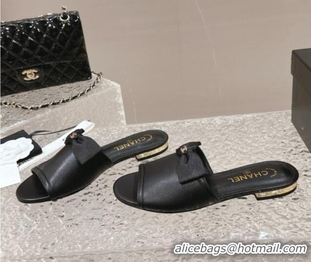 Purchase Chanel Lambskin Flat Slide Sandals with Bow G45691 Black 424055