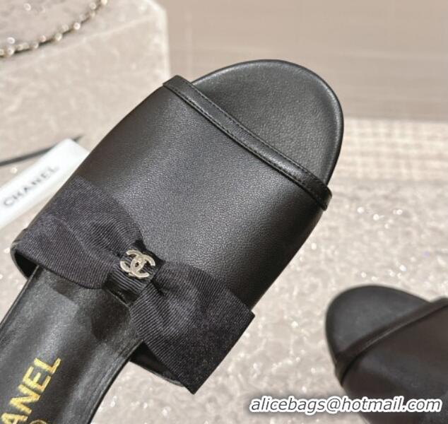 Purchase Chanel Lambskin Flat Slide Sandals with Bow G45691 Black 424055