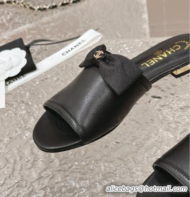 Purchase Chanel Lambskin Flat Slide Sandals with Bow G45691 Black 424055