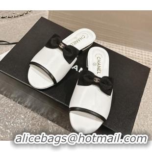 Good Quality Chanel Lambskin Flat Slide Sandals with Bow G45691 White 424056