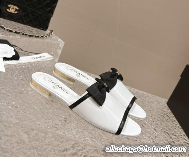 Good Quality Chanel Lambskin Flat Slide Sandals with Bow G45691 White 424056