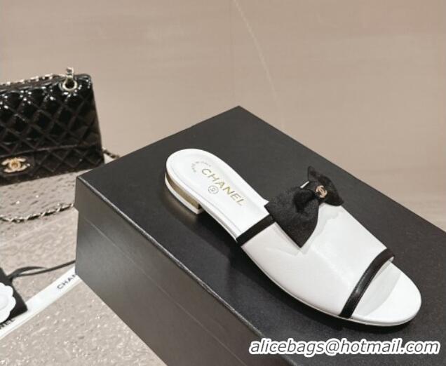 Good Quality Chanel Lambskin Flat Slide Sandals with Bow G45691 White 424056