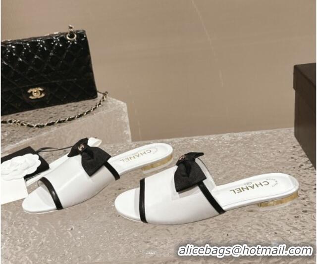 Good Quality Chanel Lambskin Flat Slide Sandals with Bow G45691 White 424056