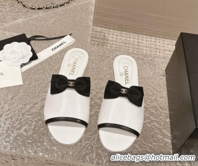 Good Quality Chanel Lambskin Flat Slide Sandals with Bow G45691 White 424056