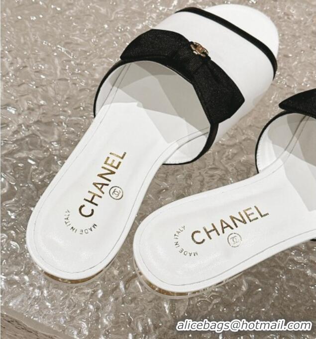 Good Quality Chanel Lambskin Flat Slide Sandals with Bow G45691 White 424056