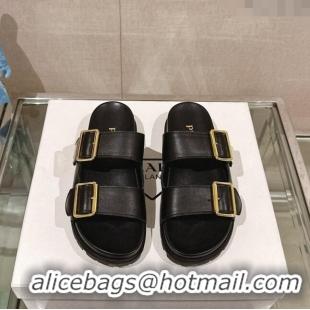 ​Super Quality Prada Leather Flat Slide Sandals with Double Buckle Strap PA0430 Black 2024