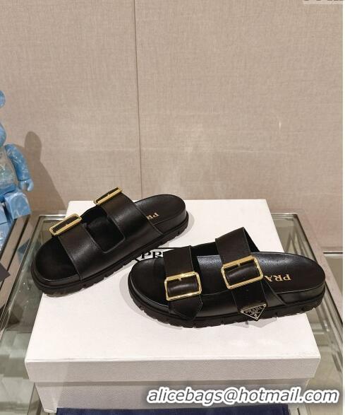 ​Super Quality Prada Leather Flat Slide Sandals with Double Buckle Strap PA0430 Black 2024