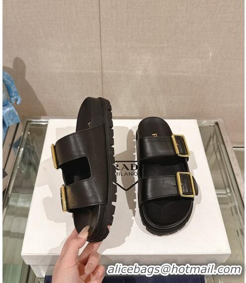 ​Super Quality Prada Leather Flat Slide Sandals with Double Buckle Strap PA0430 Black 2024