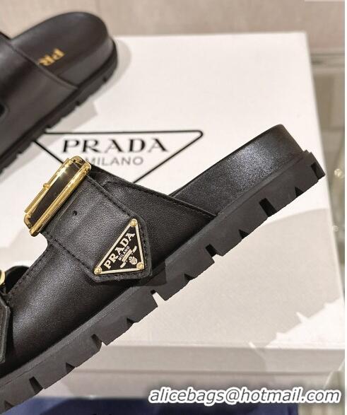 ​Super Quality Prada Leather Flat Slide Sandals with Double Buckle Strap PA0430 Black 2024