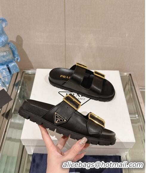 ​Super Quality Prada Leather Flat Slide Sandals with Double Buckle Strap PA0430 Black 2024