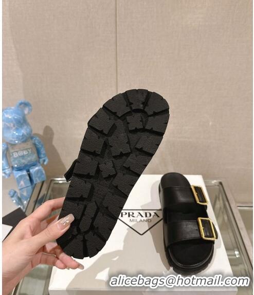 ​Super Quality Prada Leather Flat Slide Sandals with Double Buckle Strap PA0430 Black 2024