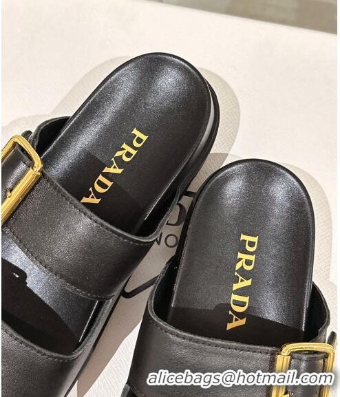 ​Super Quality Prada Leather Flat Slide Sandals with Double Buckle Strap PA0430 Black 2024