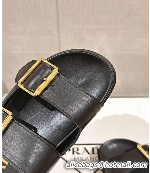 ​Super Quality Prada Leather Flat Slide Sandals with Double Buckle Strap PA0430 Black 2024