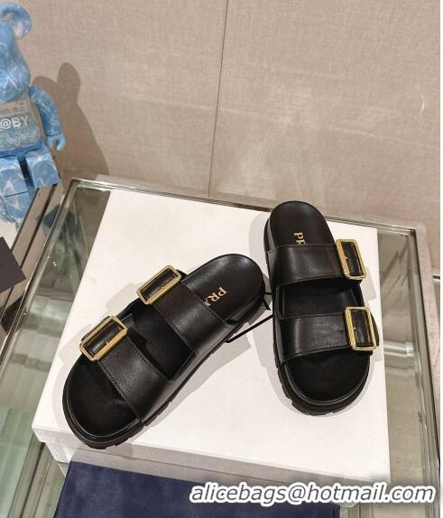 ​Super Quality Prada Leather Flat Slide Sandals with Double Buckle Strap PA0430 Black 2024