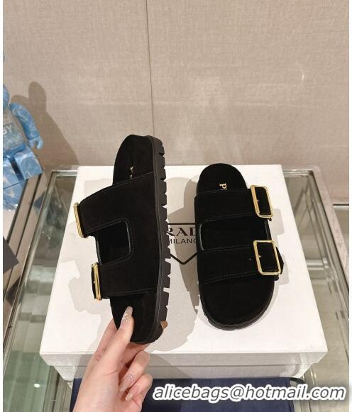 Famous Brand Prada Suede Flat Slide Sandals with Double Buckle Strap 0430 Black 2024