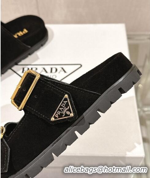 Famous Brand Prada Suede Flat Slide Sandals with Double Buckle Strap 0430 Black 2024